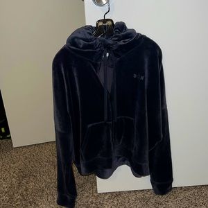 Grey velour mid waistline Hoodie with draw strings two front pockets by DKNY